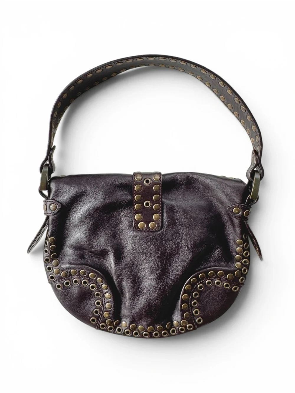 Bally Chocolate Brown Leather Studded Shoulder Bag - Picture 3 of 6